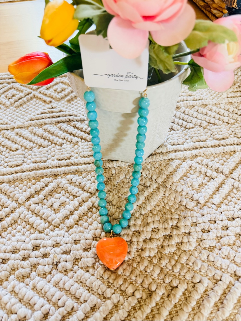 Turquoise Bead Necklace with Orange Heart Pendant